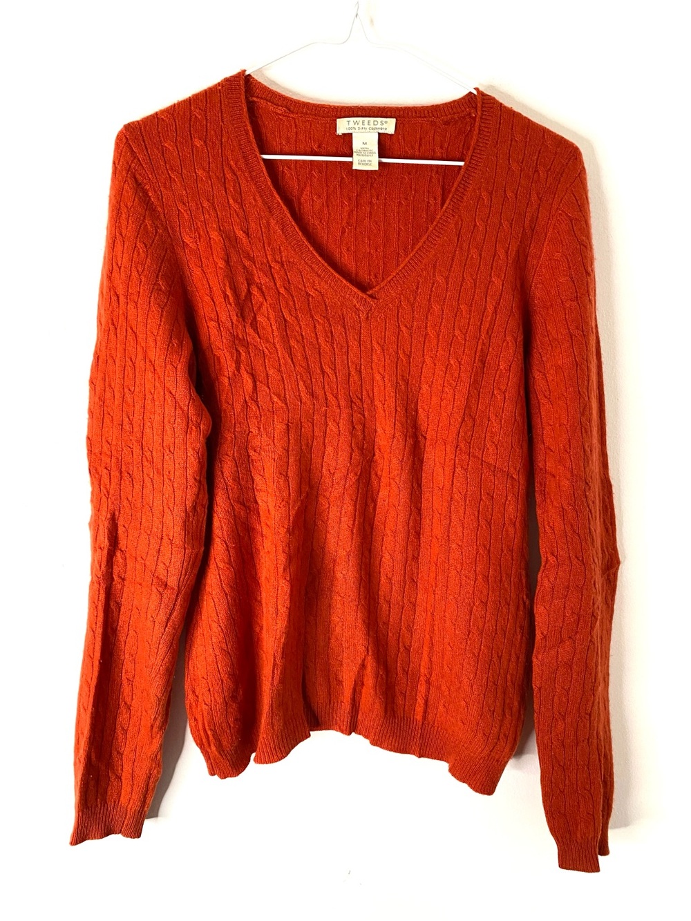 TWEEDS Burnt Orange 100% Cashmere Cable Knit V Neck Sweater Fall